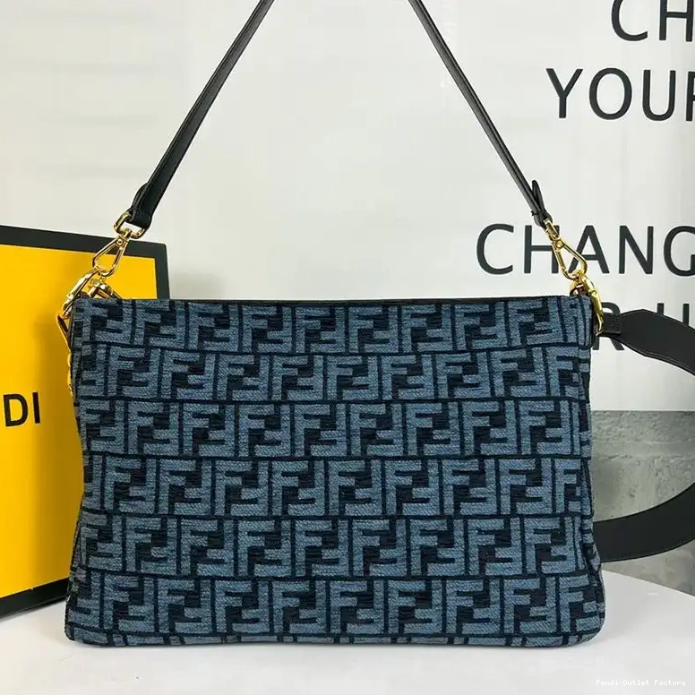 Cheap HOT O'Lock Fabric Shoulder Tapestry FF Zip Bag Blue Fendi In 0530